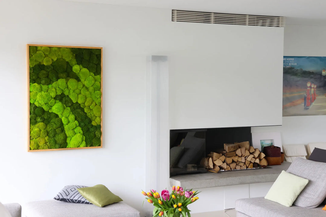 Feature Bild: Kugelmoosbild mit verschiedenen Grüntönen und Holzrahmen im Wohnzimmer eines Privatkunden