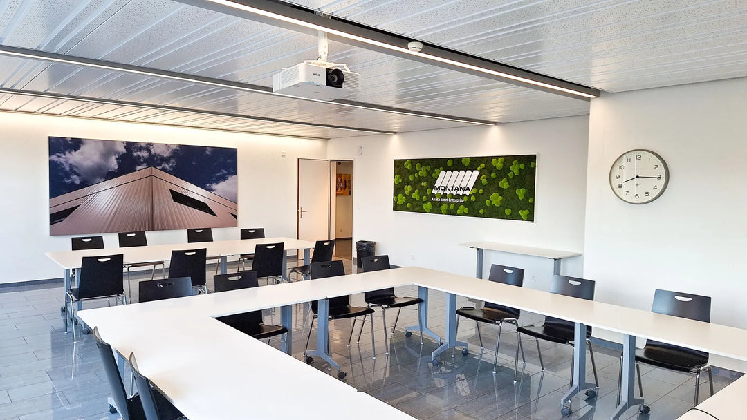 Feature Bild: Wald-Kugelmoosbild mit Firmenlogo im Sitzungszimmer der Montana Bausysteme AG