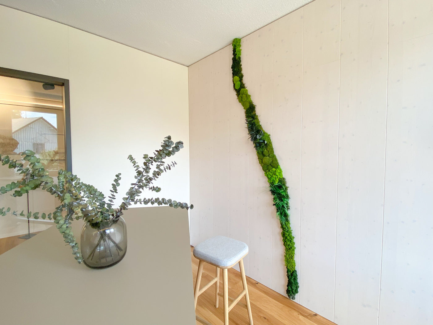 Feature Bild: Moosstreifen aus diversen Moosarten im Showroom der Werder Schreinerei AG
