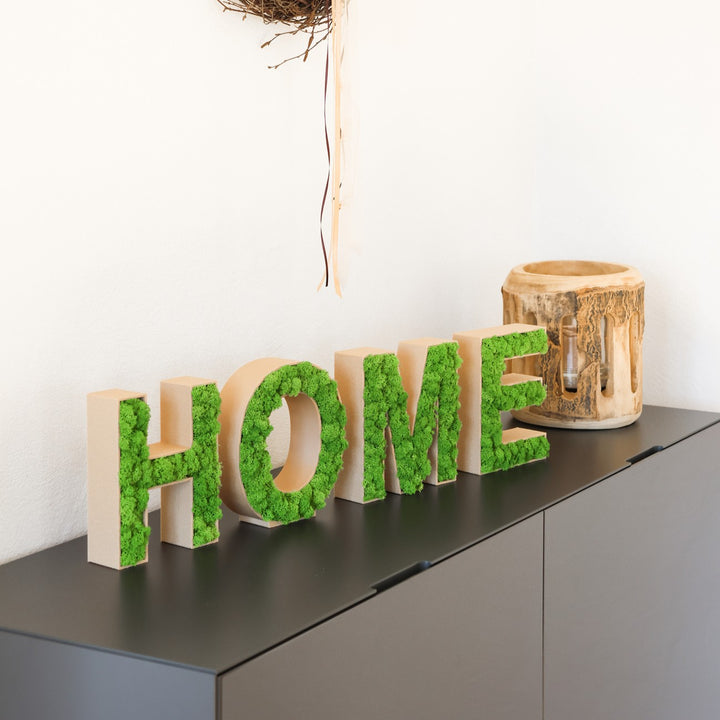Moosbuchstaben HOME in Wohnzimmer
