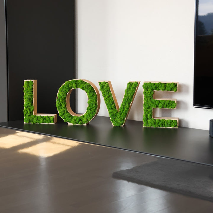 Moosbuchstaben LOVE in Wohnzimmer