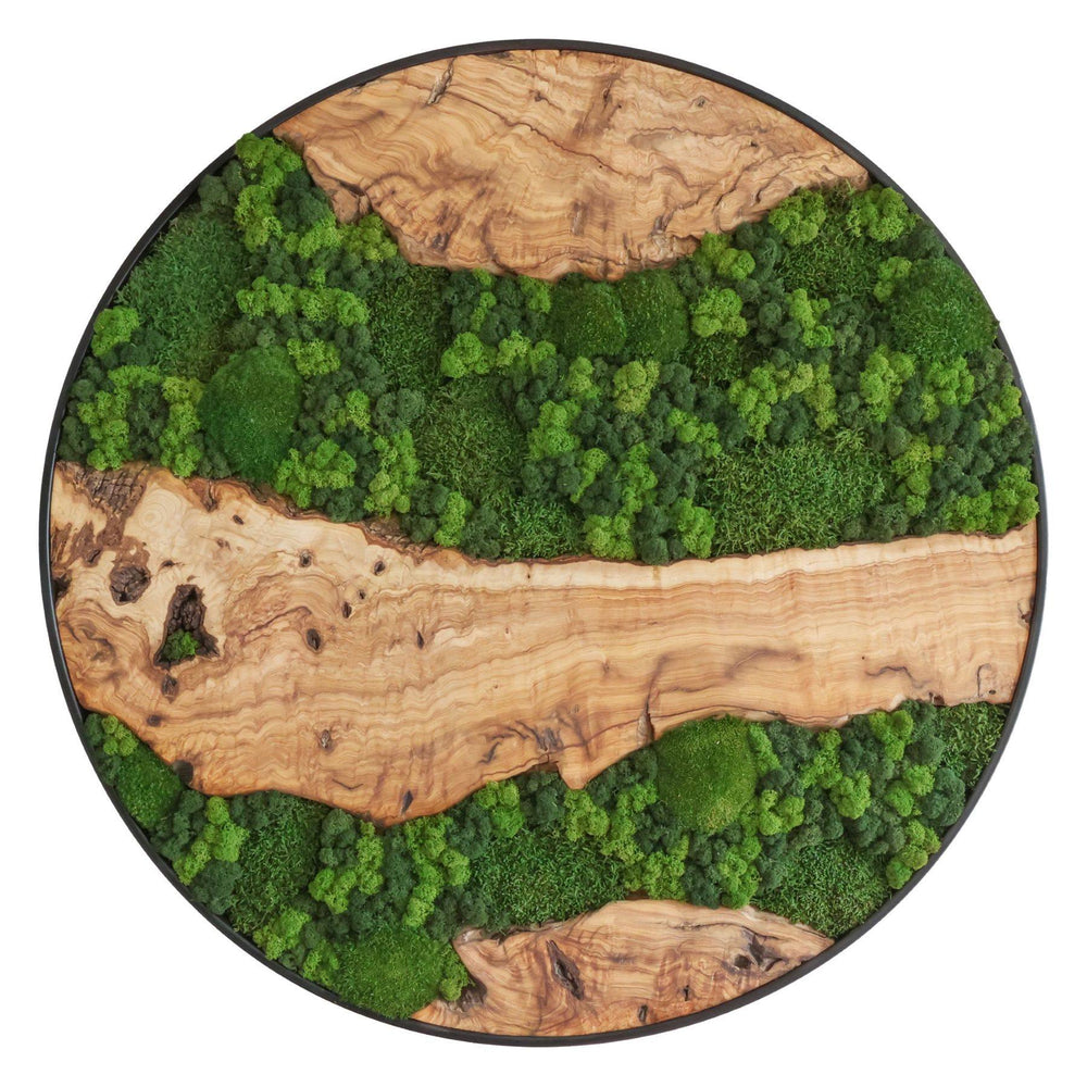 Rundes Moosbild aus Olivenholz, handgefertigt, pflegefrei und akustisch wirksam, Swiss Made, 100cm