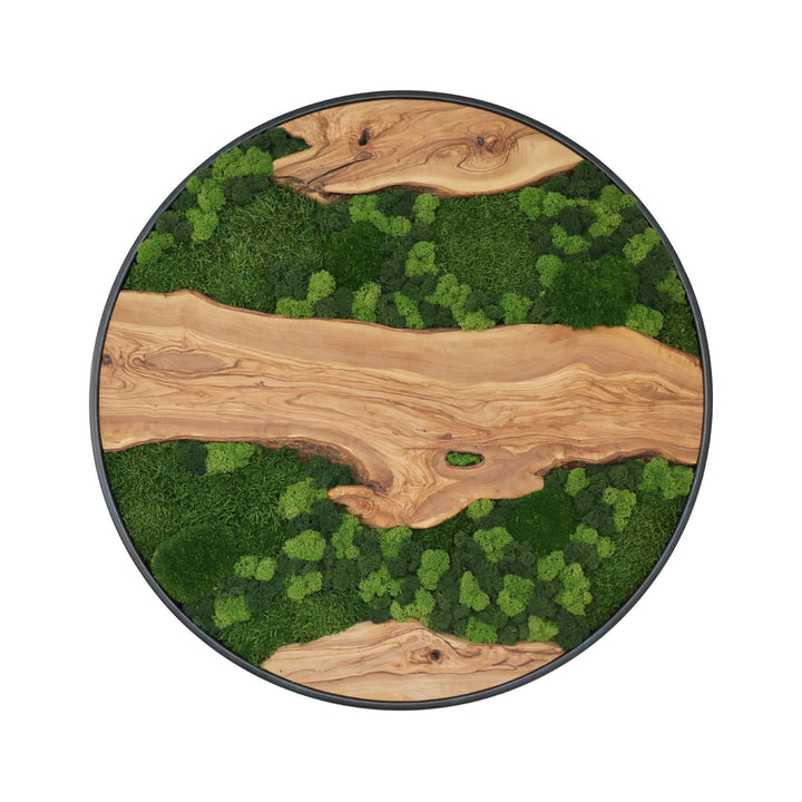 Moosbild rund mit Olivenholz, hochwertiges Moos und Holz, pflegefrei und dauerhaft satt grün. 70cm.