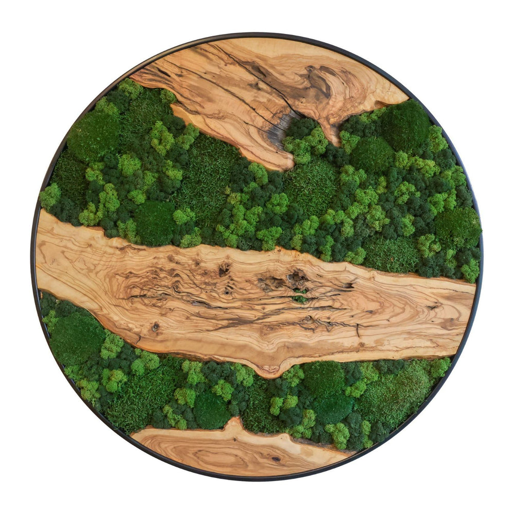 Rundes Moosbild aus Olivenholz, Moosmix, 90 cm, pflegefrei, akustisch wirksam