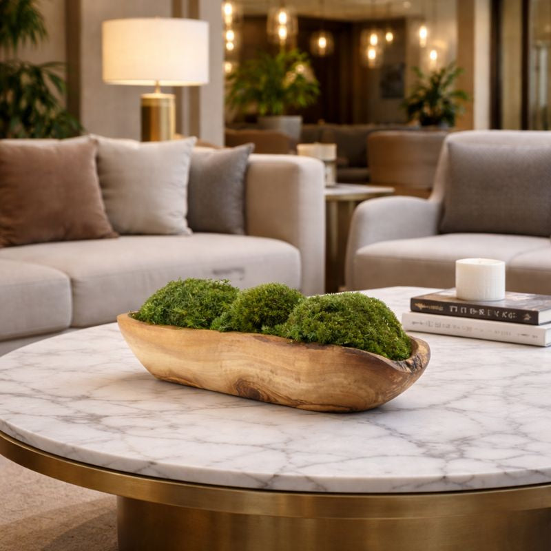 Holzschale mit Kugelmoos in Waldgrün in Hotellobb