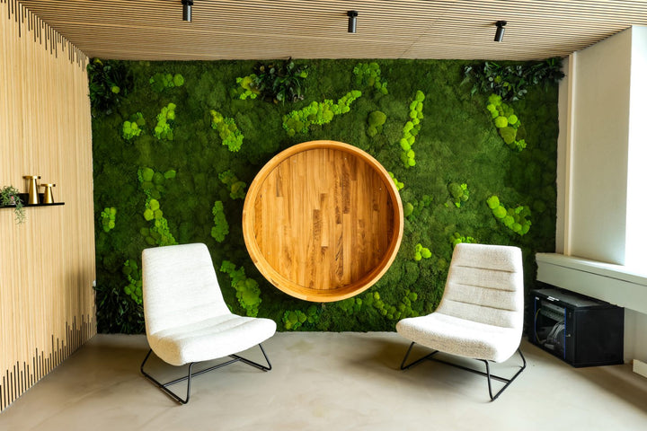 Wald-Kugelmooswand  mit Islandmoosakzenten und exotischen Dschungelblättern in Büro
