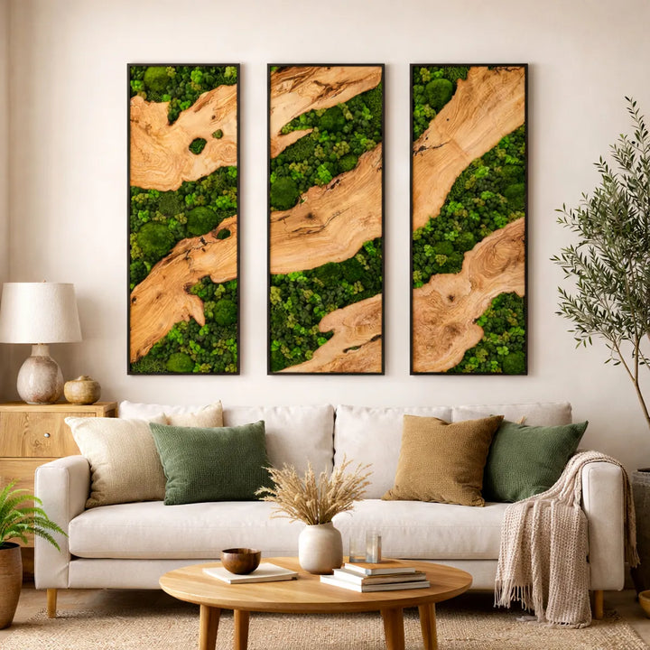 Moosbilder Olivenholz Trio in Wohnzimmer