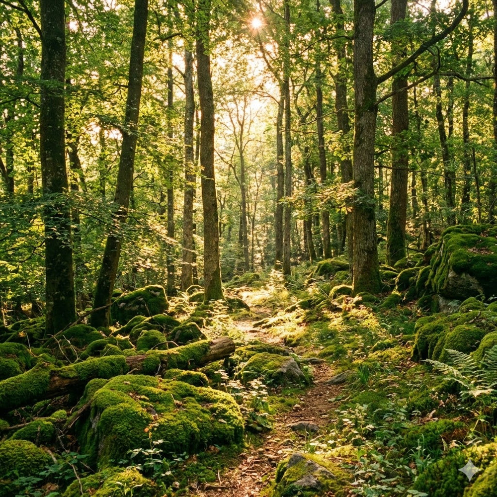 Moos in europäischem Wald zur Erntezeit