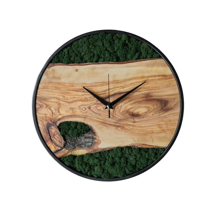 Wall clock made of moss and olive wood