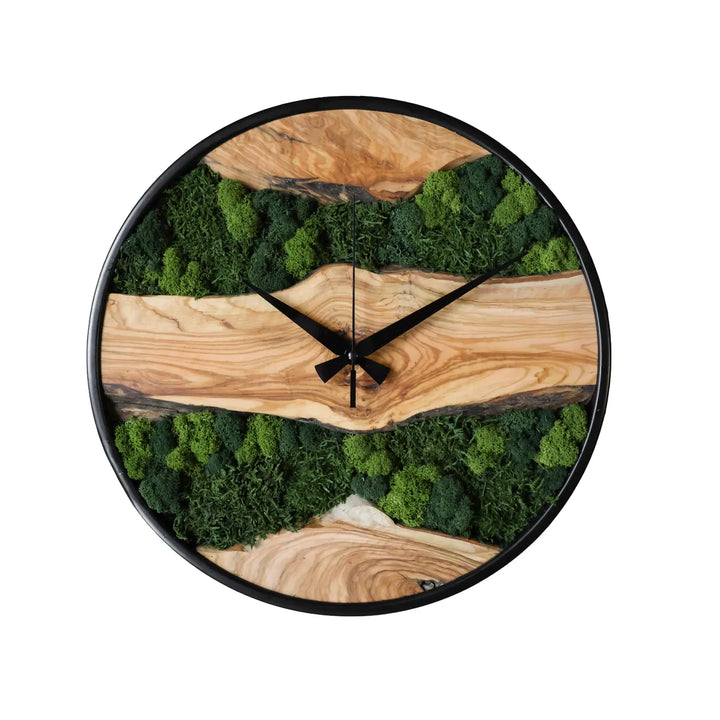 Wall clock made of moss and olive wood